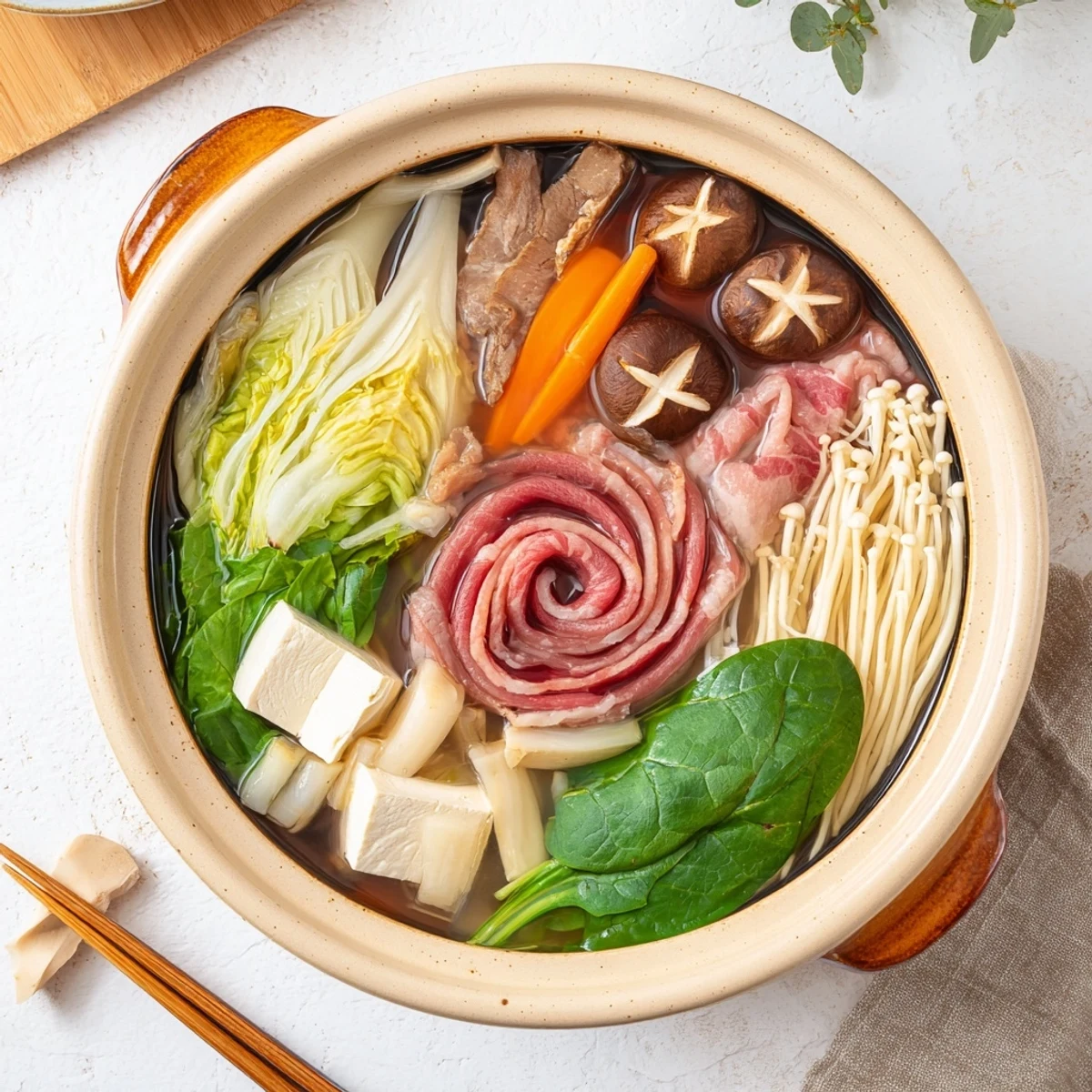 Tableside dining setup features colorful cabbage, mushrooms, and tofu cubes ready for cooking in Japanese shabu shabu hot pot