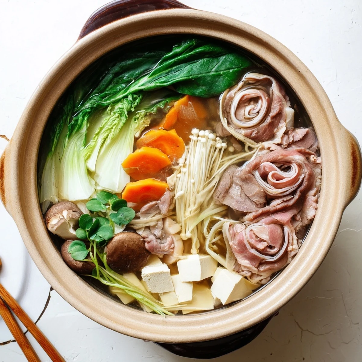 Steaming dashi broth surrounded by platters of raw meat, crisp spinach, and udon noodles for classic Japanese shabu shabu