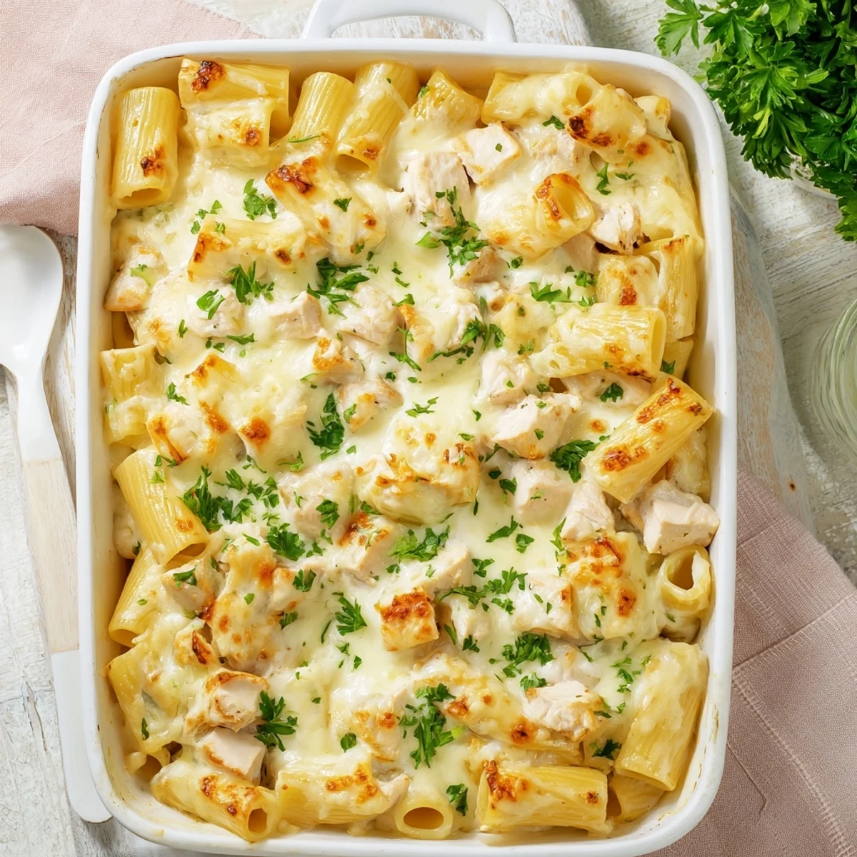 Golden baked cheesy garlic chicken rigatoni casserole with bubbling mozzarella topping on a white plate