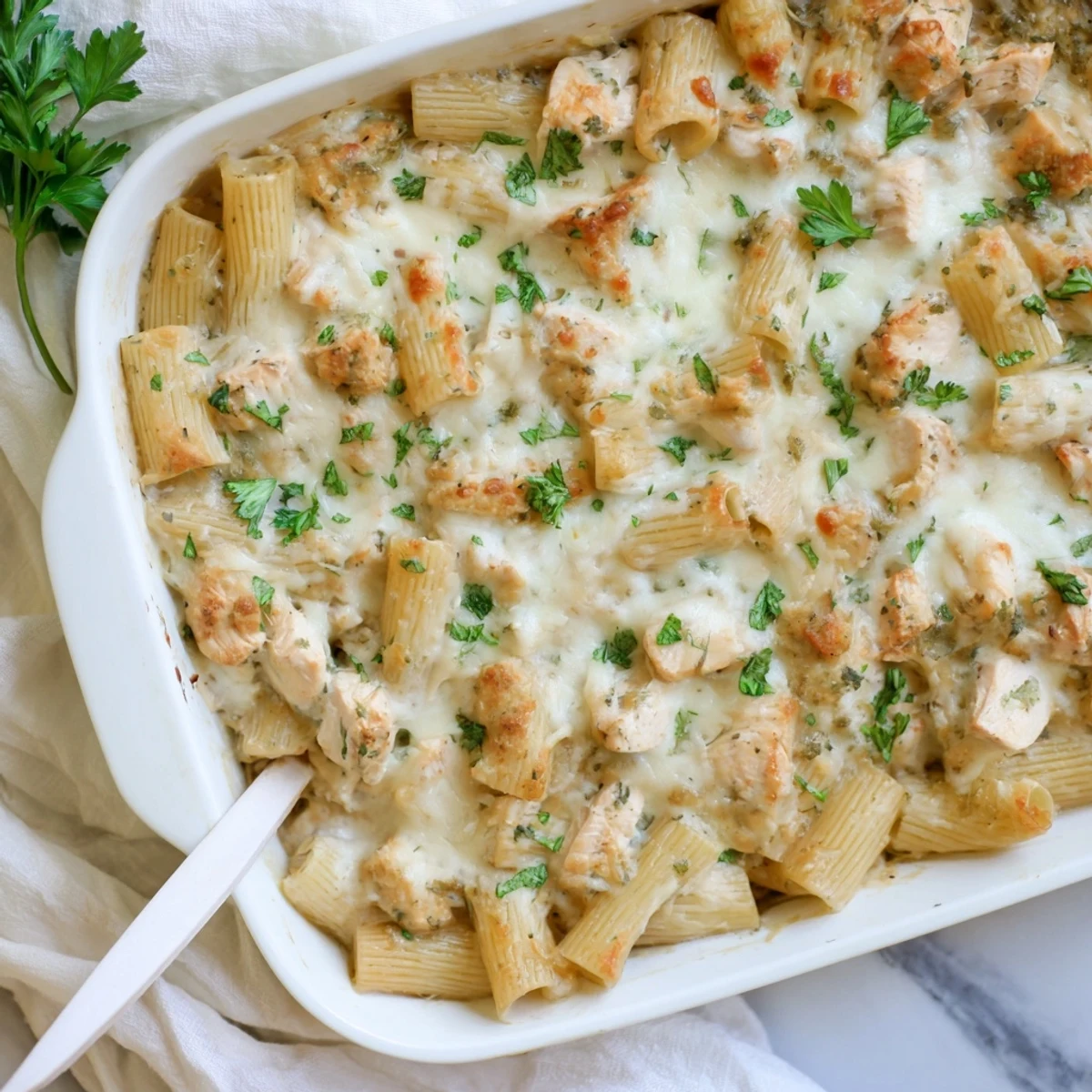 Creamy three-cheese rigatoni casserole featuring tender chicken pieces and garlic sauce fresh from the oven