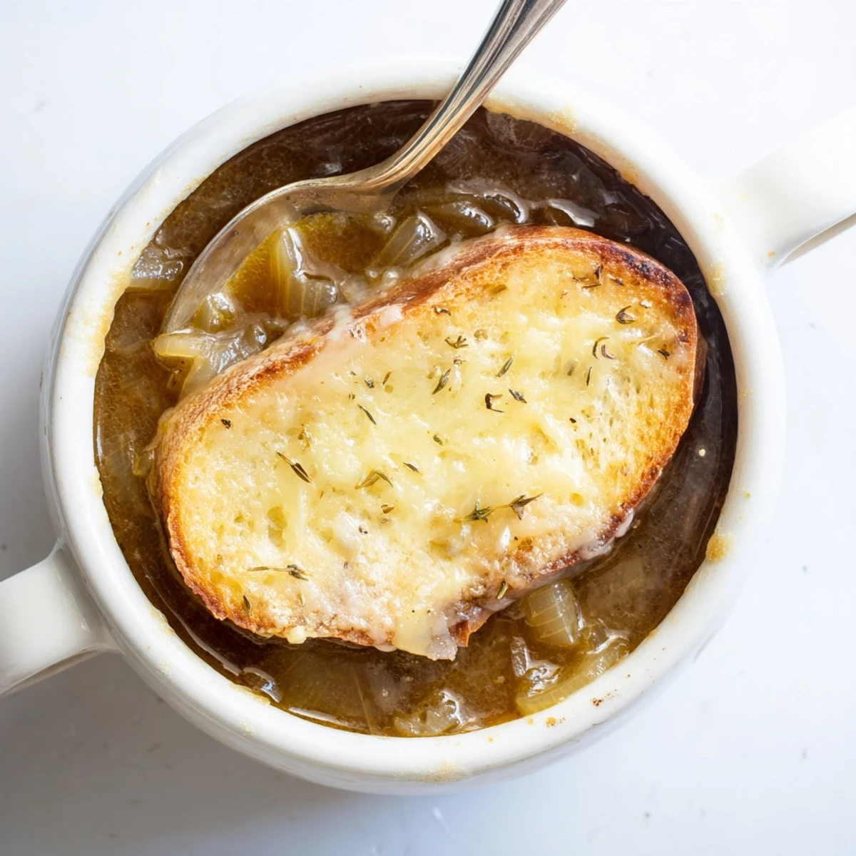 Golden brown slow cooker French onion soup topped with melted Gruyère and crispy baguette