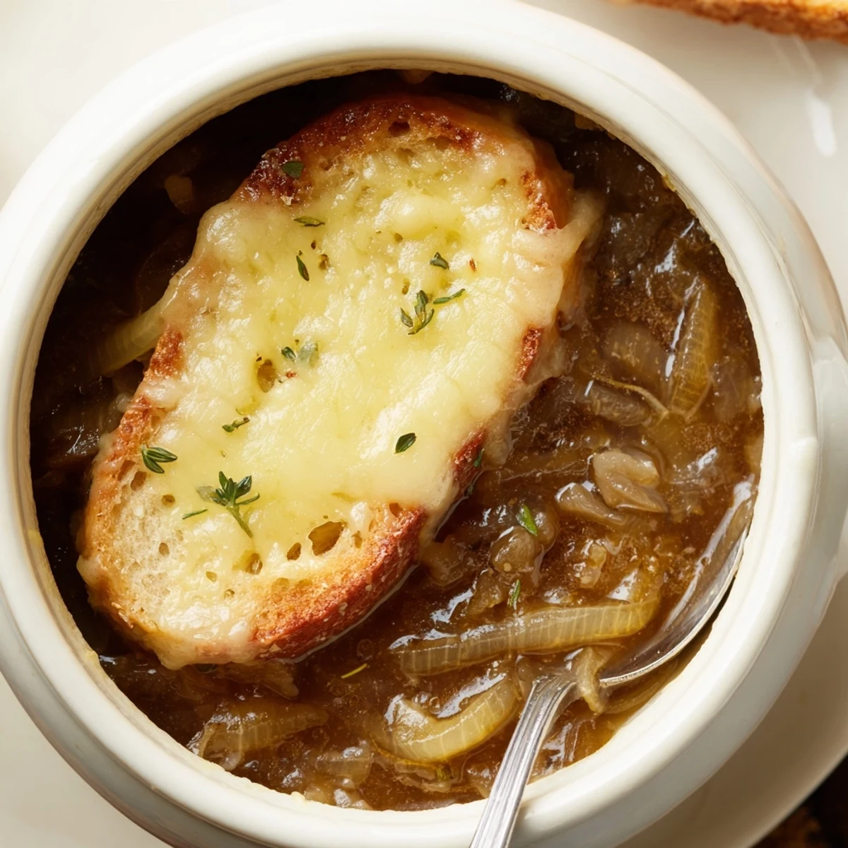 Rustic bowl of French onion soup featuring caramelized onions in rich beef broth