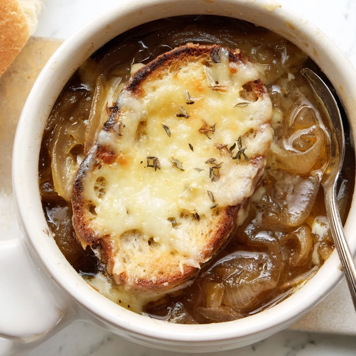 Comforting slow cooker French onion soup with bubbling cheese and toasted bread rounds