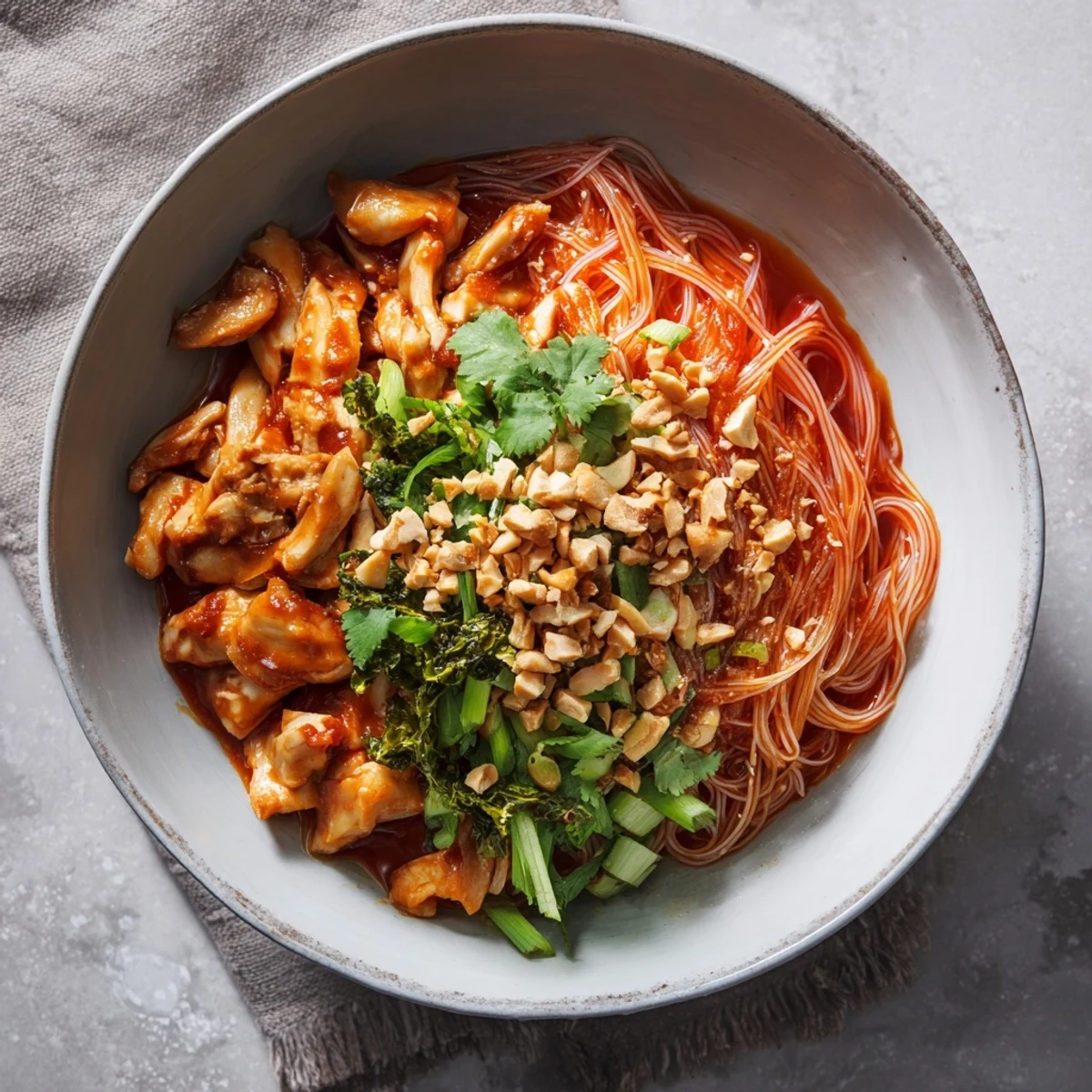 Bowl of savory Shan Noodles topped with tender chicken, crushed peanuts and fresh cilantro