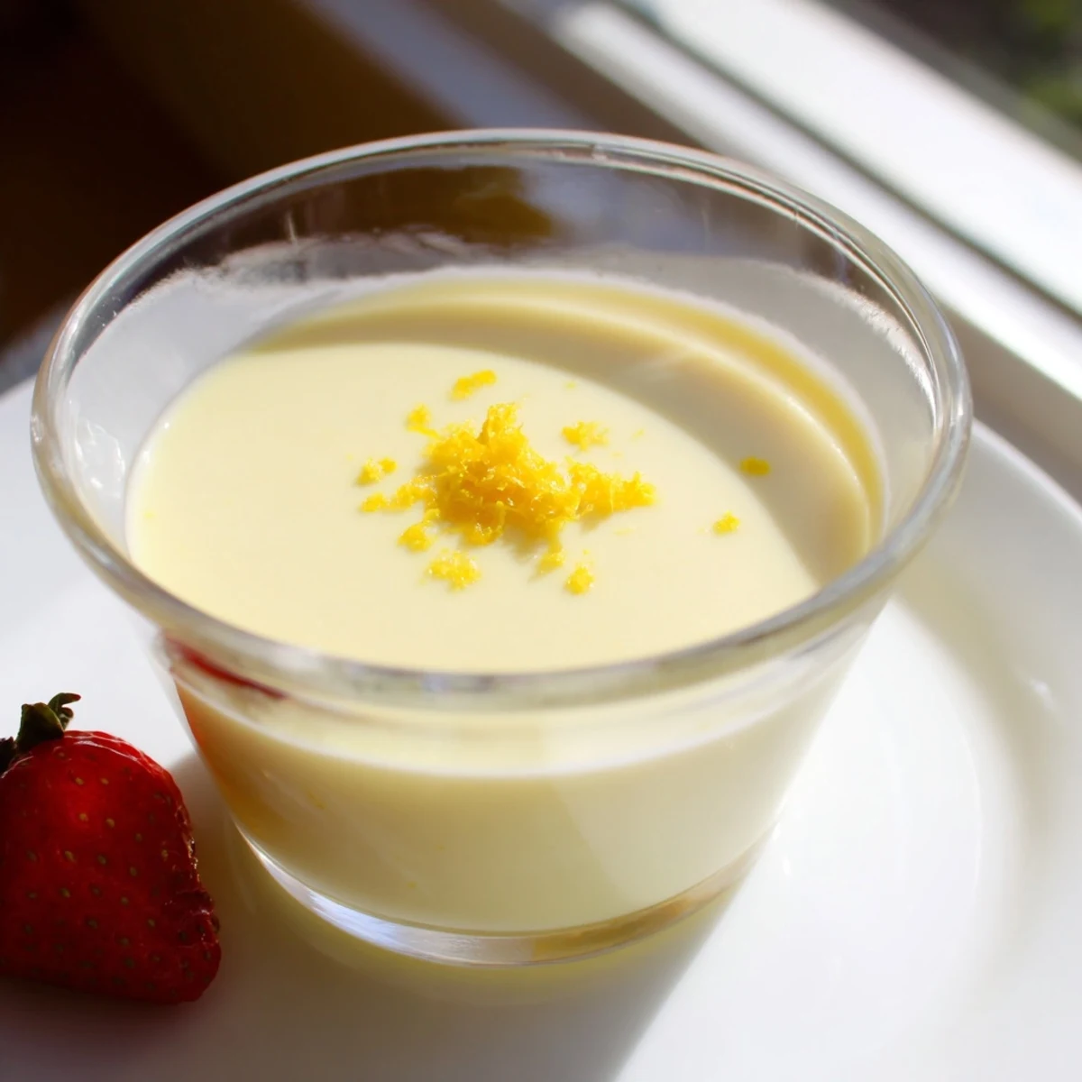 Creamy lemon posset set in glass ramekins topped with fresh lemon zest and berries