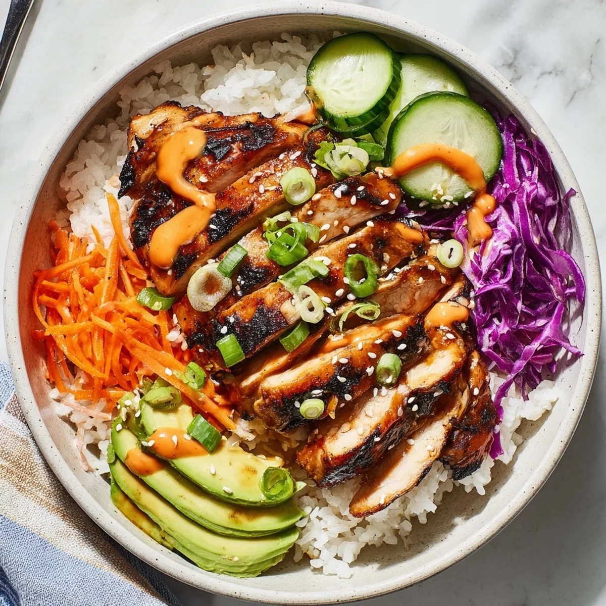 Vibrant Korean BBQ chicken bowl featuring marinated grilled meat crisp cucumbers ripe avocado and savory sweet glaze