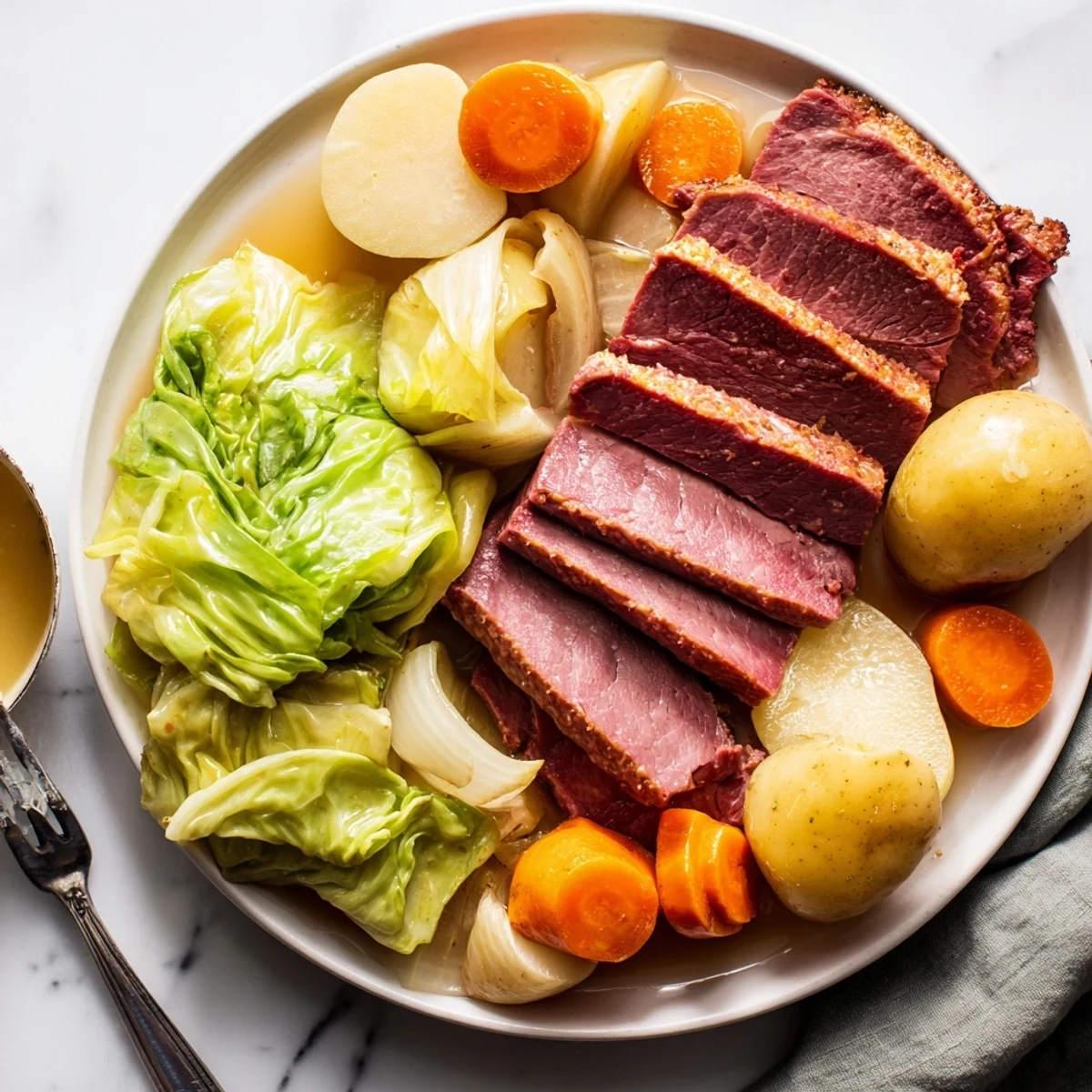 Succulent corned beef brisket plated with steaming vegetables after eight hours of slow cooking