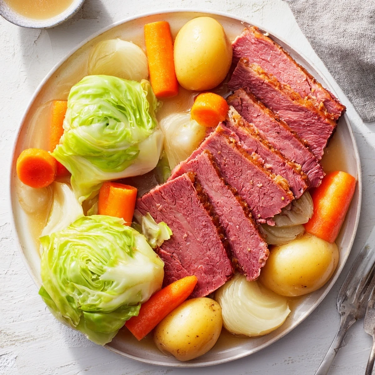 Tender slices of slow cooker corned beef served alongside buttery cabbage, carrots, and golden potatoes