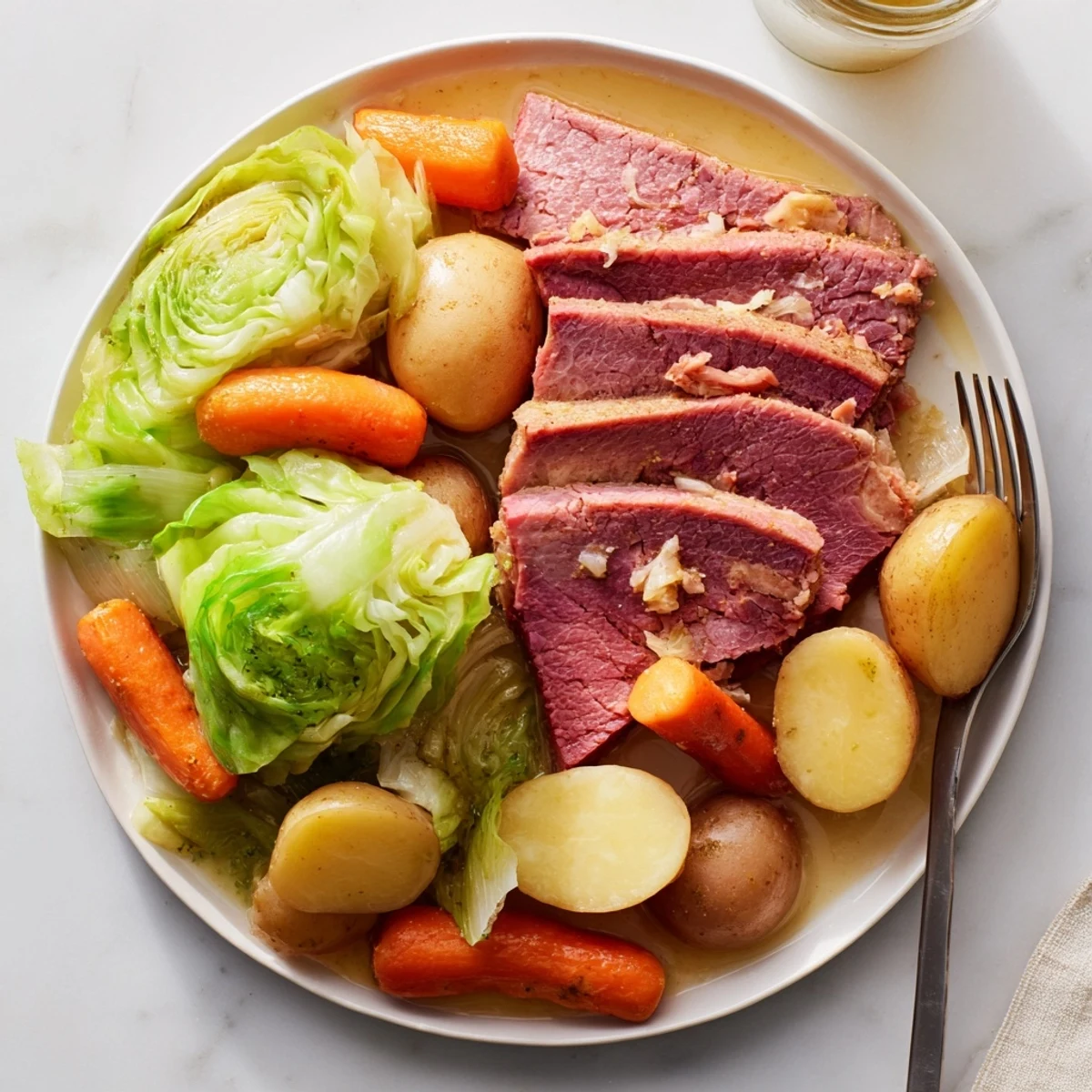 Hearty corned beef and cabbage dinner featuring fork-tender meat with colorful root vegetables