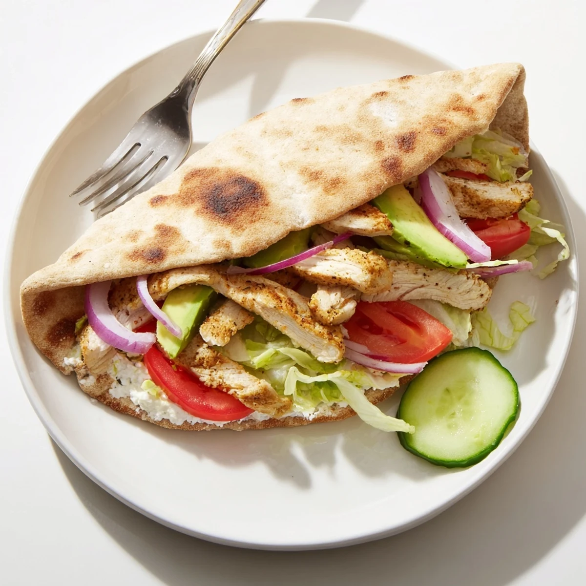 Crispy cottage cheese flatbread wrapped around juicy spiced grilled chicken and avocado