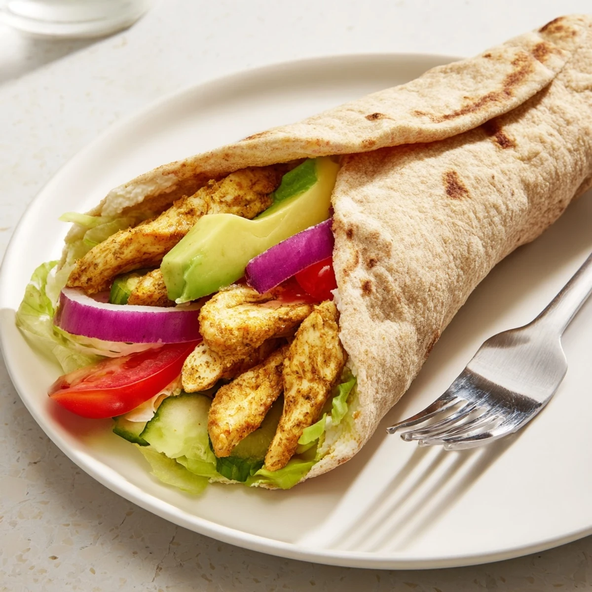 Golden high protein cottage cheese flatbread chicken wraps with fresh colorful vegetables