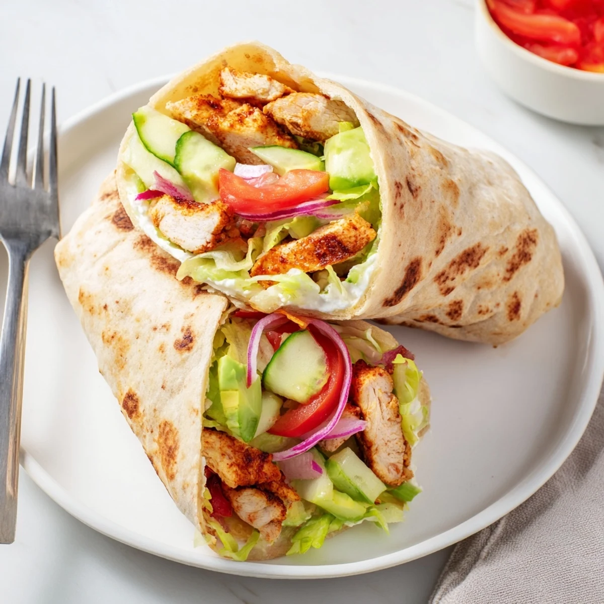 Protein-packed chicken wraps featuring crispy cheese flatbreads layered with vibrant veggies and herbs