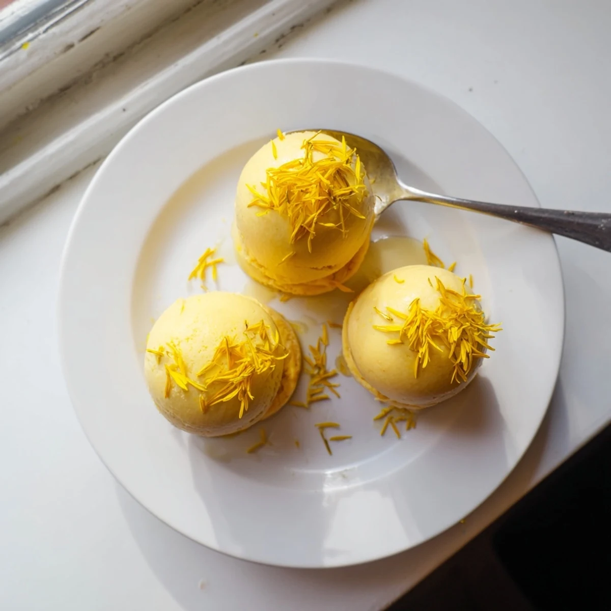 Golden scoop of dandelion honey ice cream drizzled with extra honey in a bowl