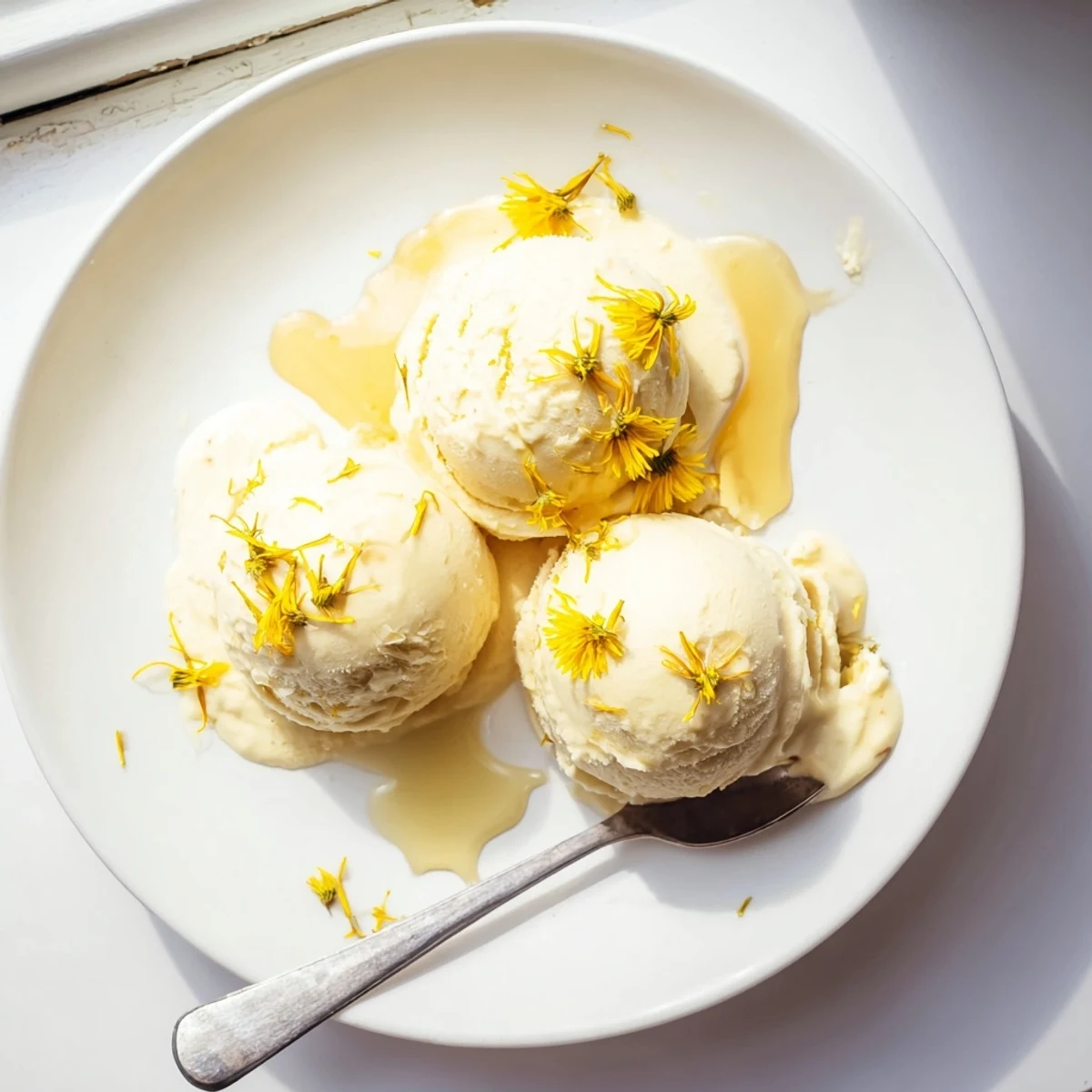 Creamy homemade dandelion honey ice cream garnished with fresh yellow dandelion petals on plate