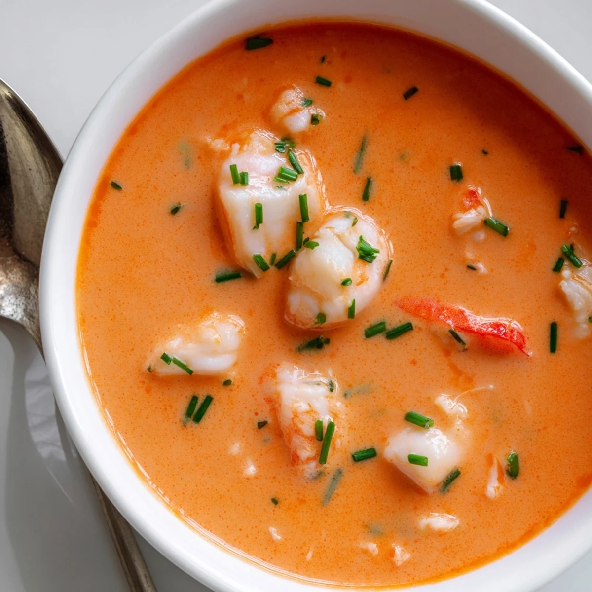 Garnished seafood bisque bowl with fresh chives and crusty French bread on the side