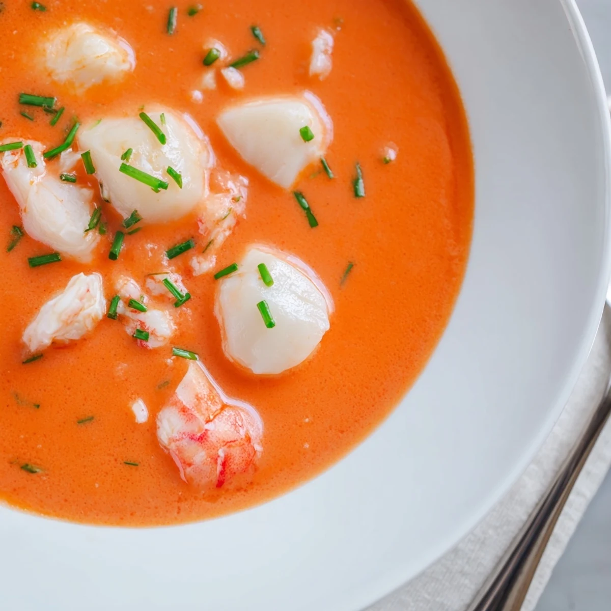 Creamy seafood bisque featuring tender shrimp, scallops, and crab in a smooth roux-based soup