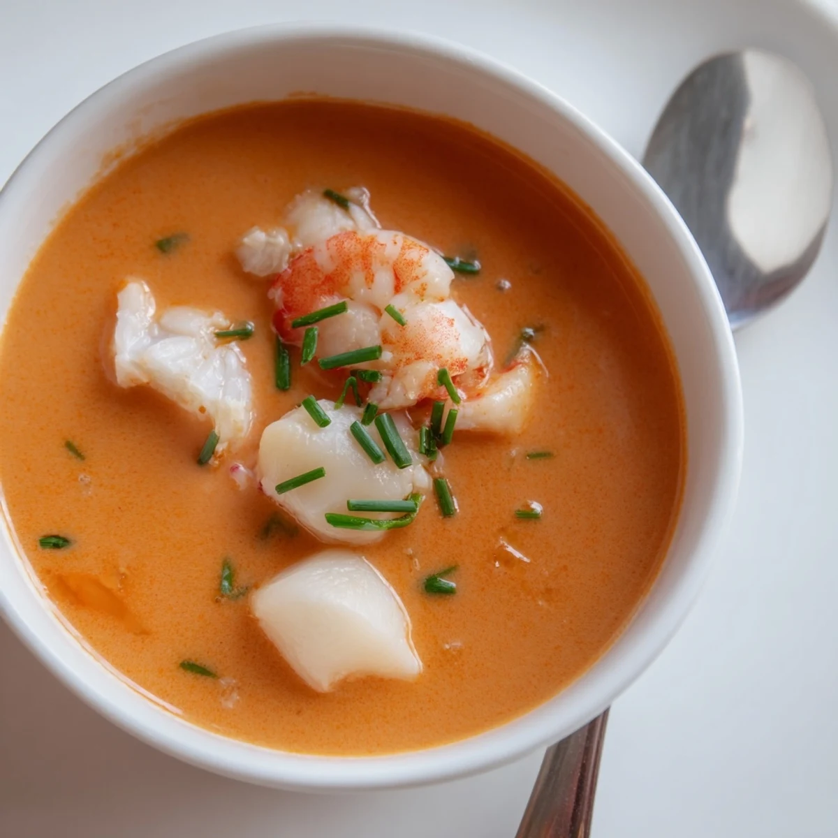 Steaming seafood bisque ladled into white bowls, showcasing its rich velvety texture and pinkish hue