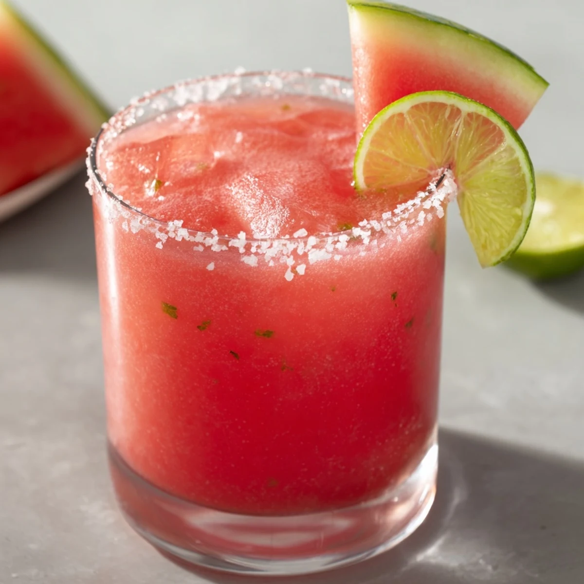 Refreshing watermelon margarita mocktail in stemmed glass with ice cubes and salted rim detail