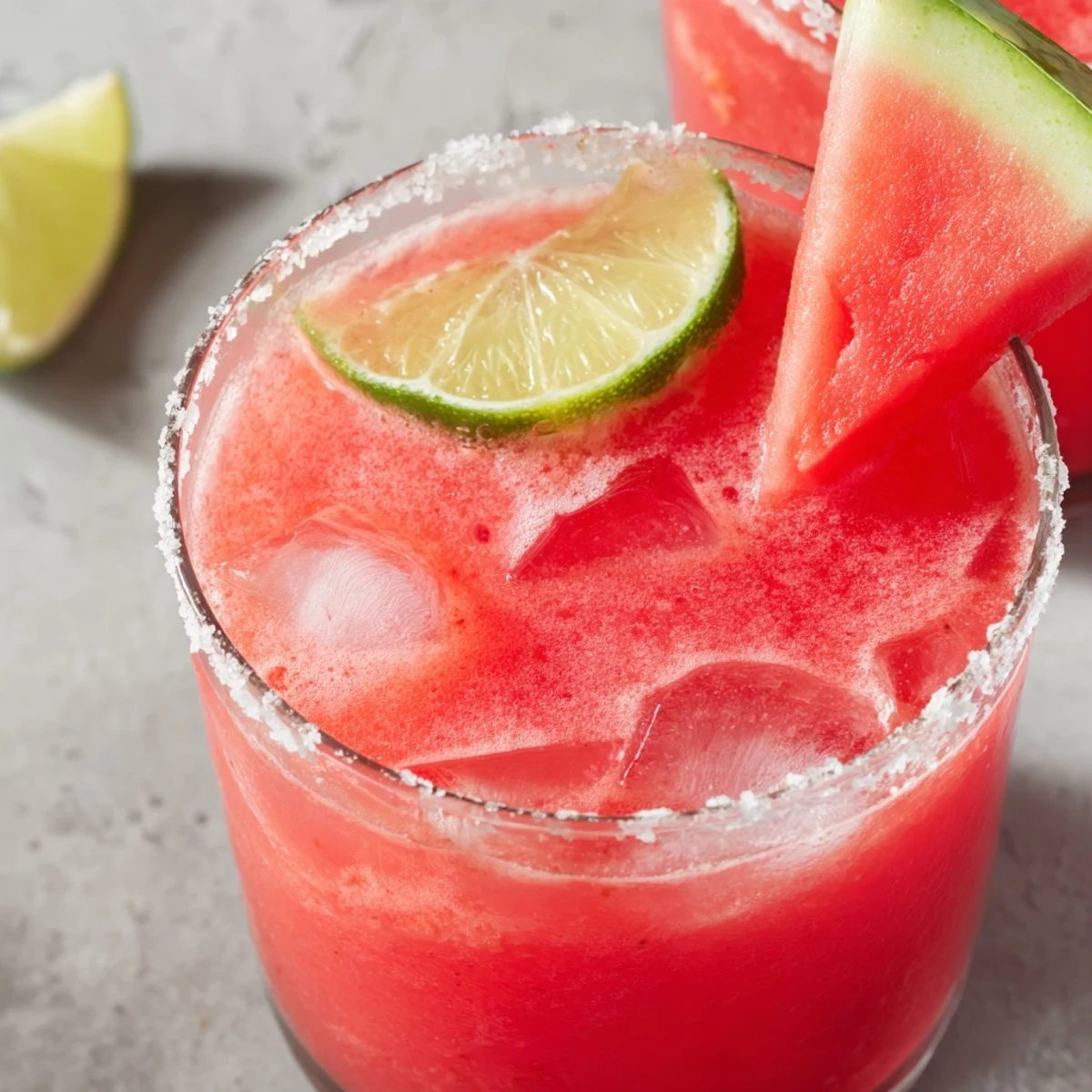 Glass of vibrant pink watermelon margarita mocktail garnished with fresh lime wedge on rocks