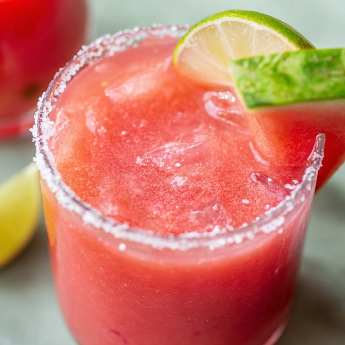Summer watermelon margarita mocktail poured over ice with watermelon slice and lime wheel garnish