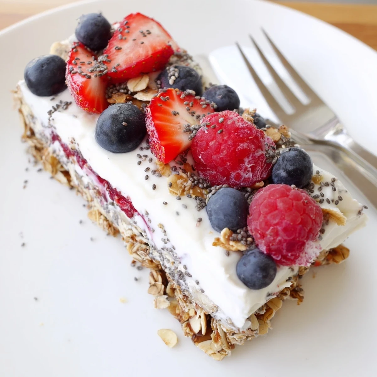 Colorful no bake frozen yogurt berry granola bars arranged on a white plate with fresh berry garnish