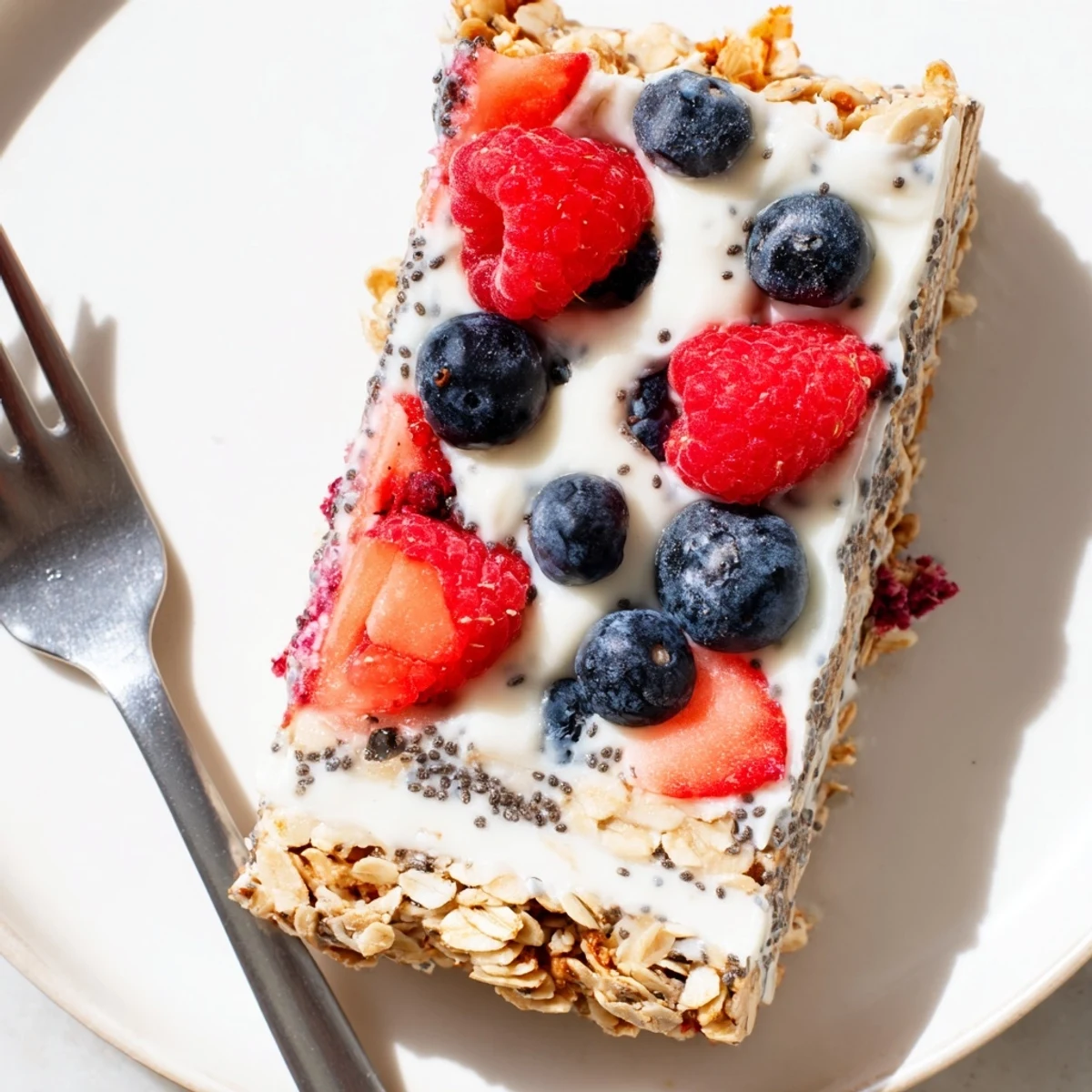 Sliced no bake frozen yogurt berry granola bars showing distinct layers of yogurt, berries, and granola
