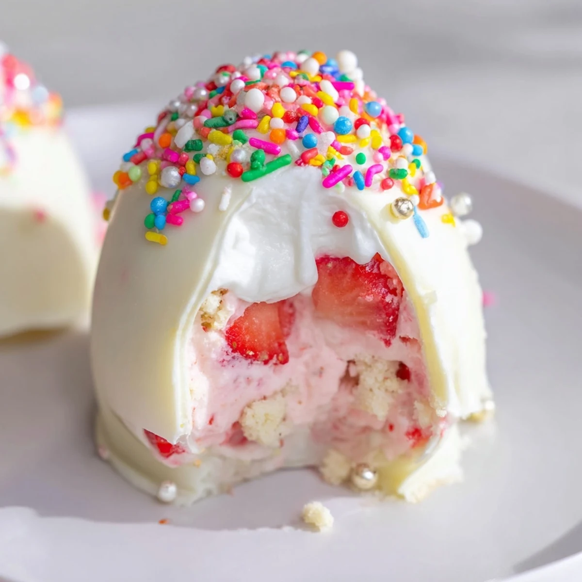 White chocolate Easter egg bombs filled with creamy strawberry shortcake mixture and colorful sprinkles