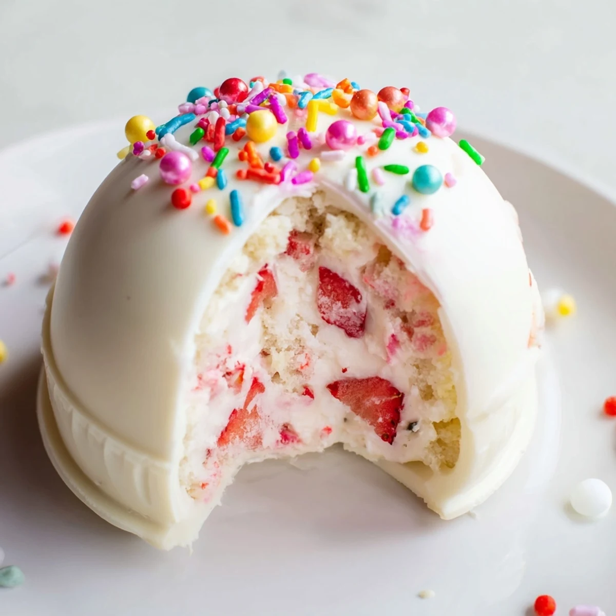 Handheld white chocolate egg bombs stuffed with sweet strawberry shortcake filling and cake crumbles