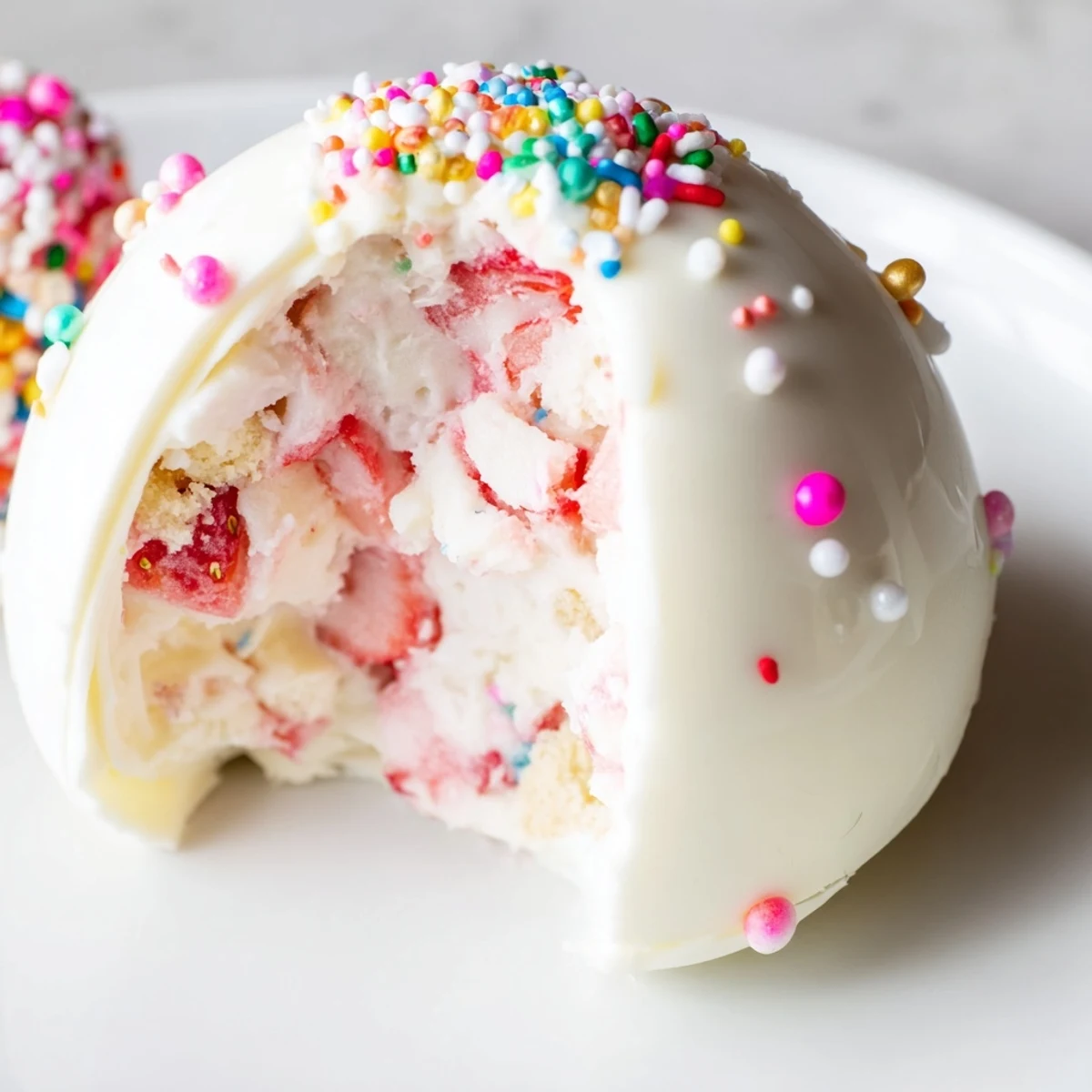 Festive strawberry shortcake Easter egg bombs featuring pastel shells stuffed with fresh strawberry cream