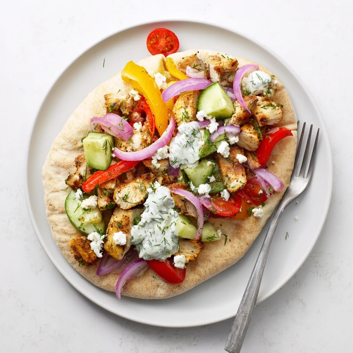 Golden sheet pan chicken pitas stuffed with roasted vegetables and creamy herby ranch drizzle