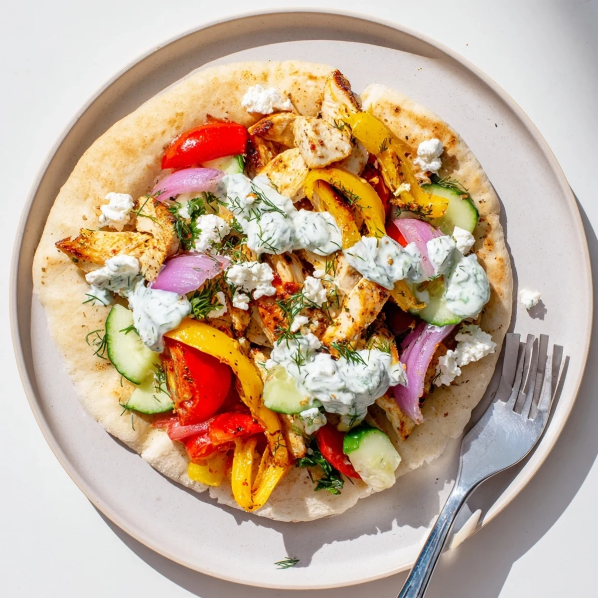 Mediterranean-style chicken pitas loaded with caramelized vegetables and cool yogurt-based ranch dressing