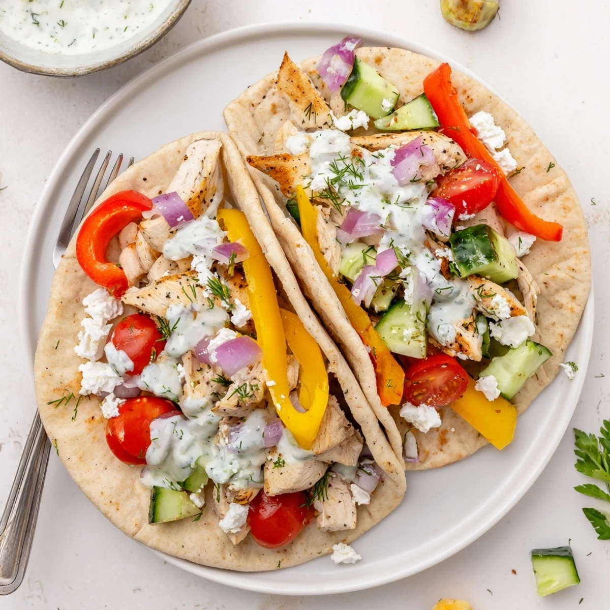 Warm pita bread filled with spiced roasted chicken peppers and tangy homemade herb ranch sauce