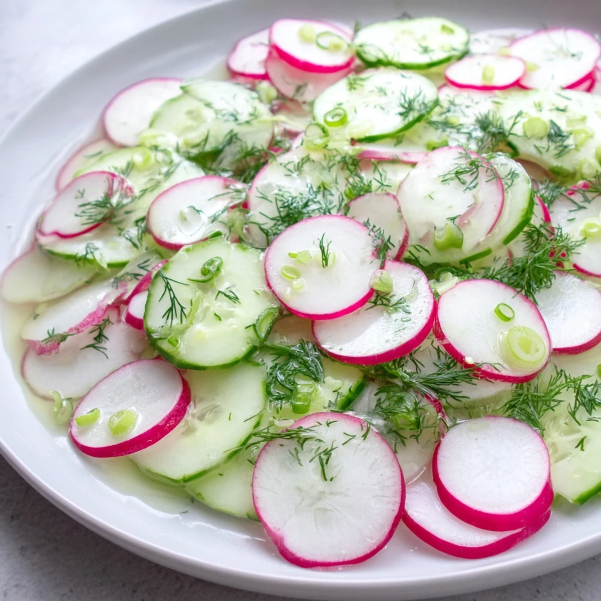 Fresh radish and cucumber salad arranged in a white serving bowl with vibrant green dill garnish