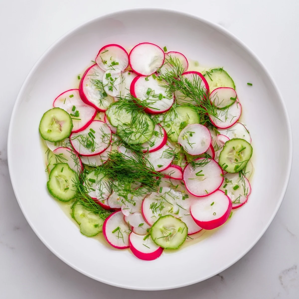 Crisp radish and cucumber salad tossed in tangy lemon dressing and served chilled for summer