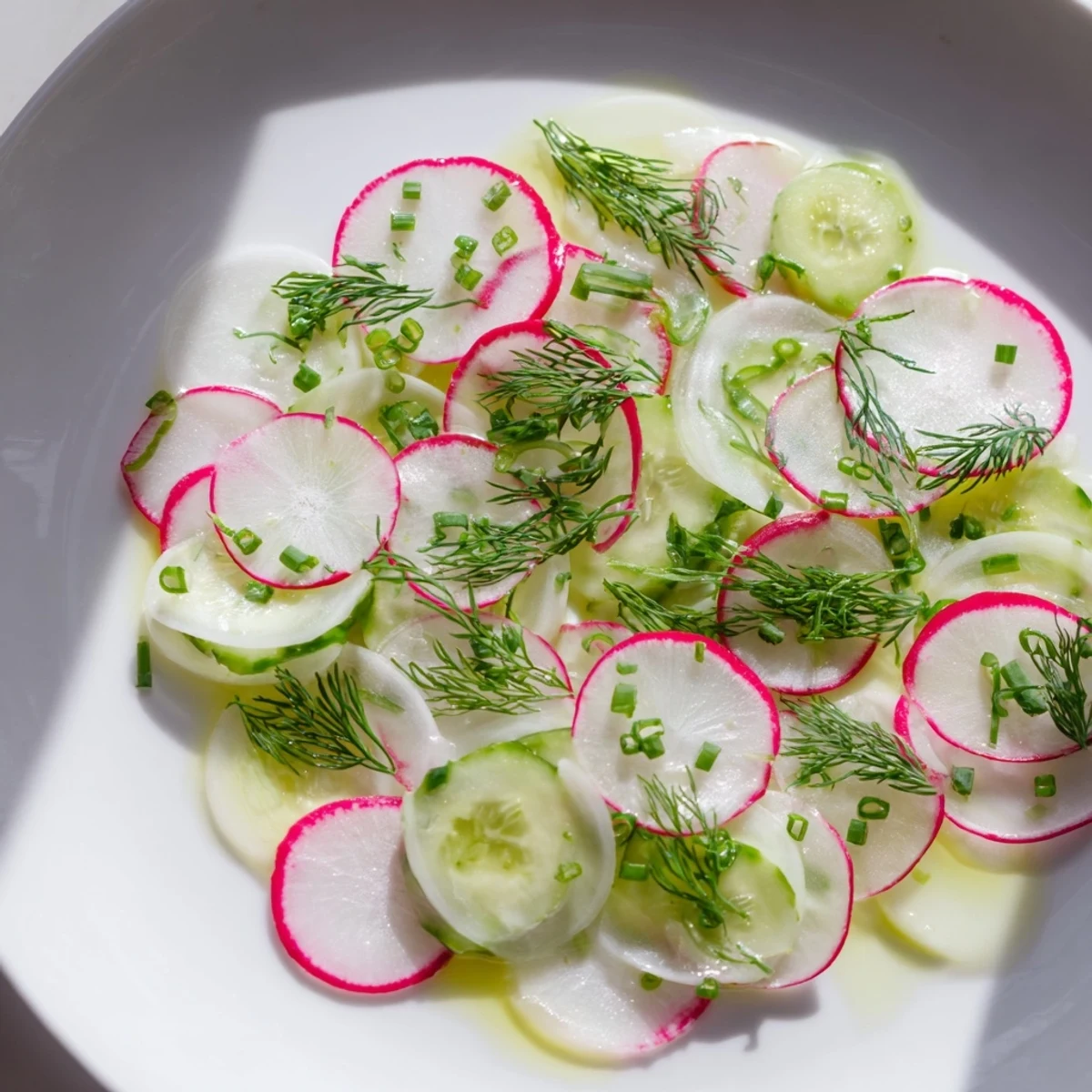 Colorful radish and cucumber salad featuring thinly sliced vegetables coated in light olive oil dressing