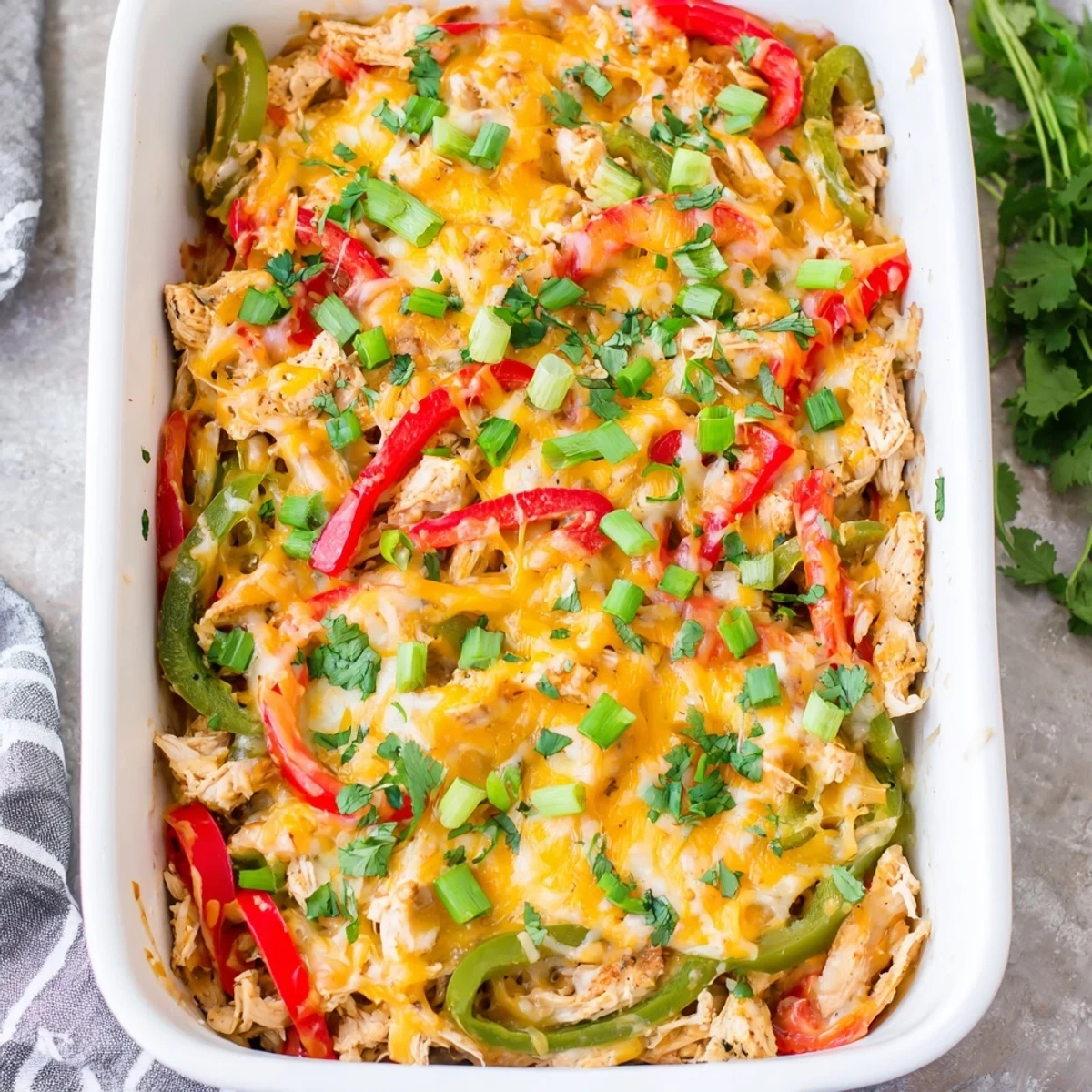 Tex-Mex chicken fajita casserole featuring melted cheese over tender chicken and sautéed vegetables