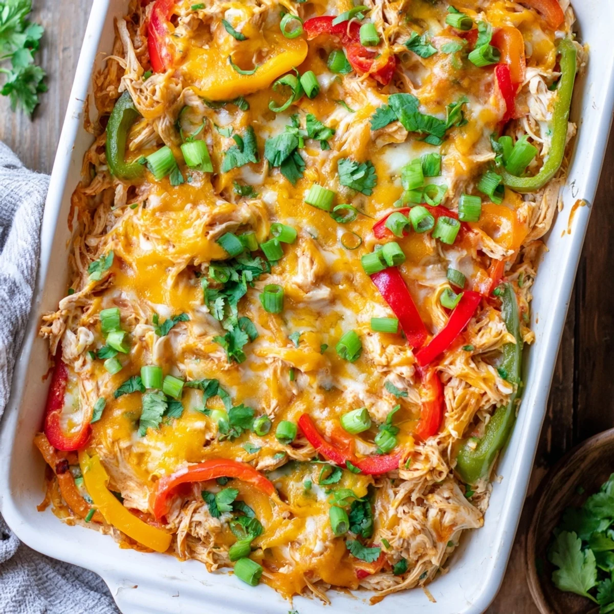 Golden cheesy chicken fajita casserole with colorful bell peppers bubbling in a baking dish
