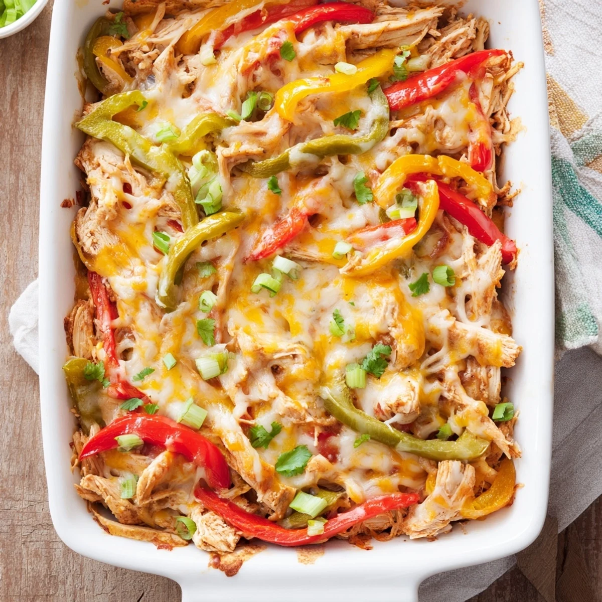 Creamy chicken fajita casserole topped with browned Mexican cheese and fresh cilantro garnish
