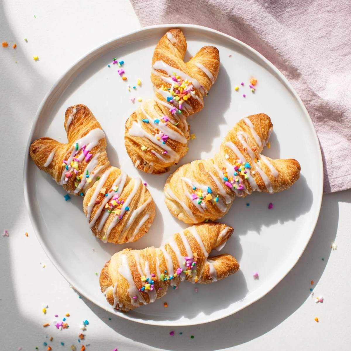 Golden Easter Bunny Twists pastry drizzled with white icing and colorful sprinkles on a white plate