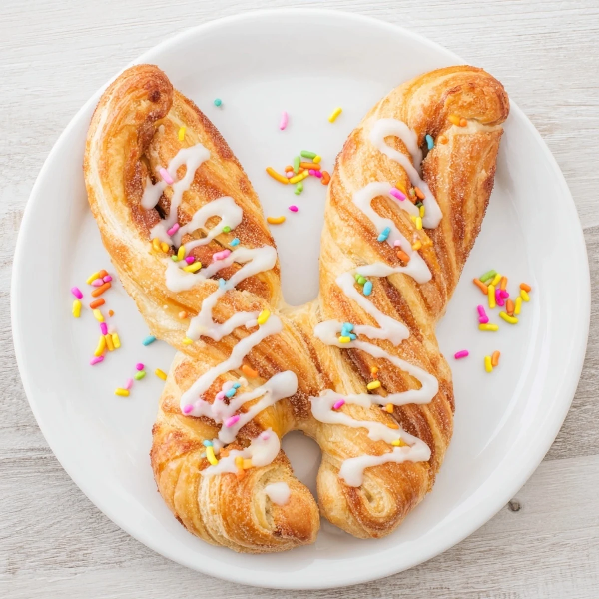 Warm glazed Easter Bunny Twists shaped like rabbit ears with powdered sugar dusting on baking sheet