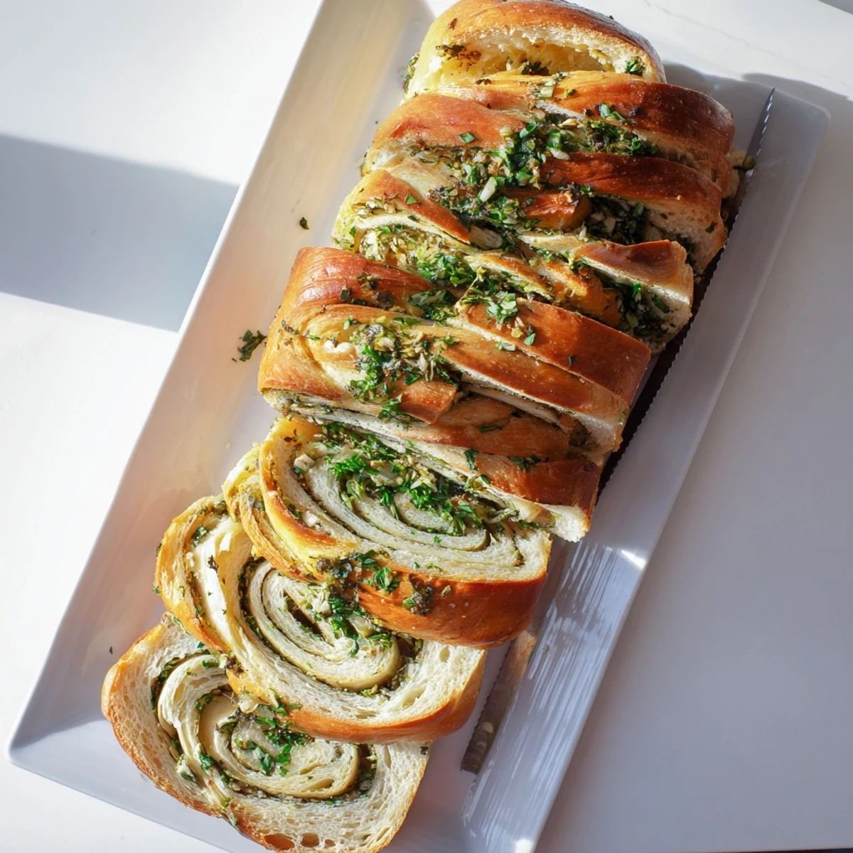 Golden garlic and herb bread loaf fresh from the oven with a glossy herb-speckled crust