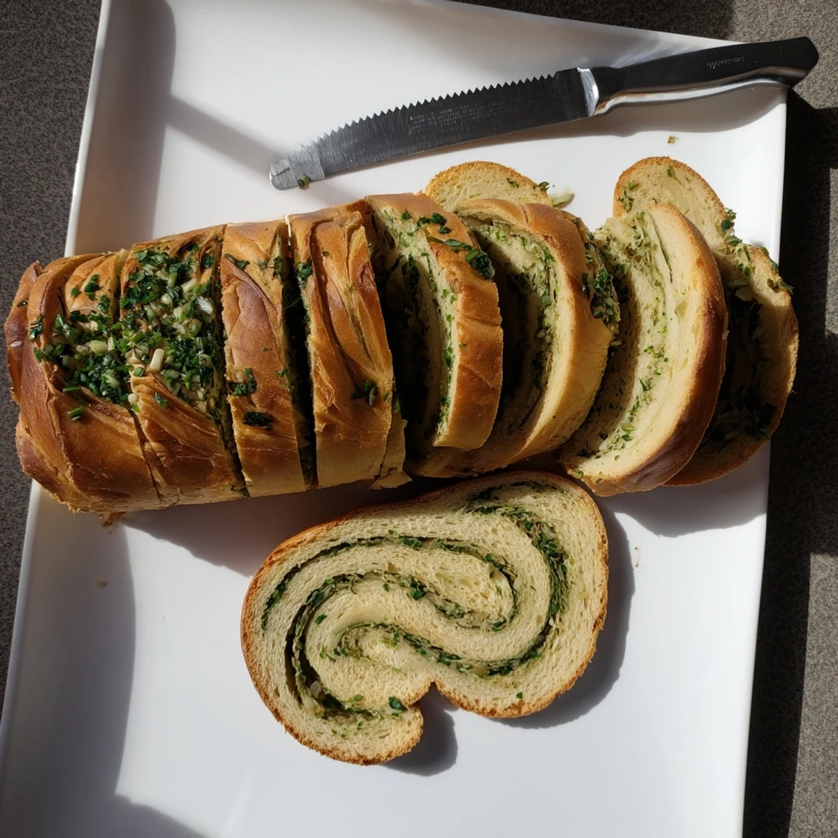 Sliced garlic and herb bread showing soft fluffy interior with melted butter and fresh parsley