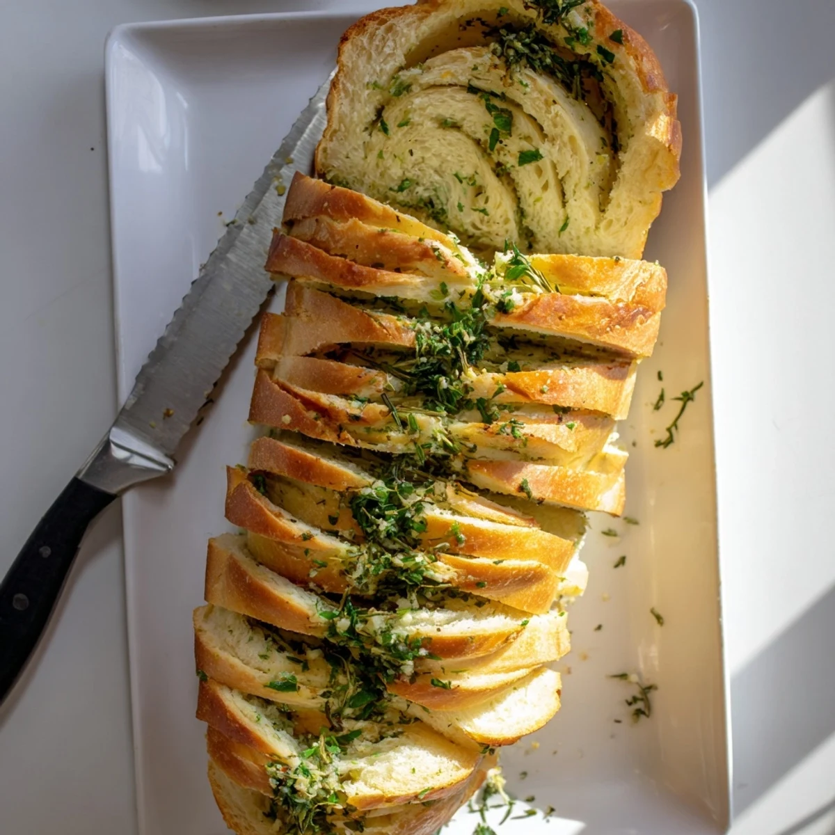 Warm garlic and herb bread arrangement on wooden board alongside rosemary sprigs and butter knife