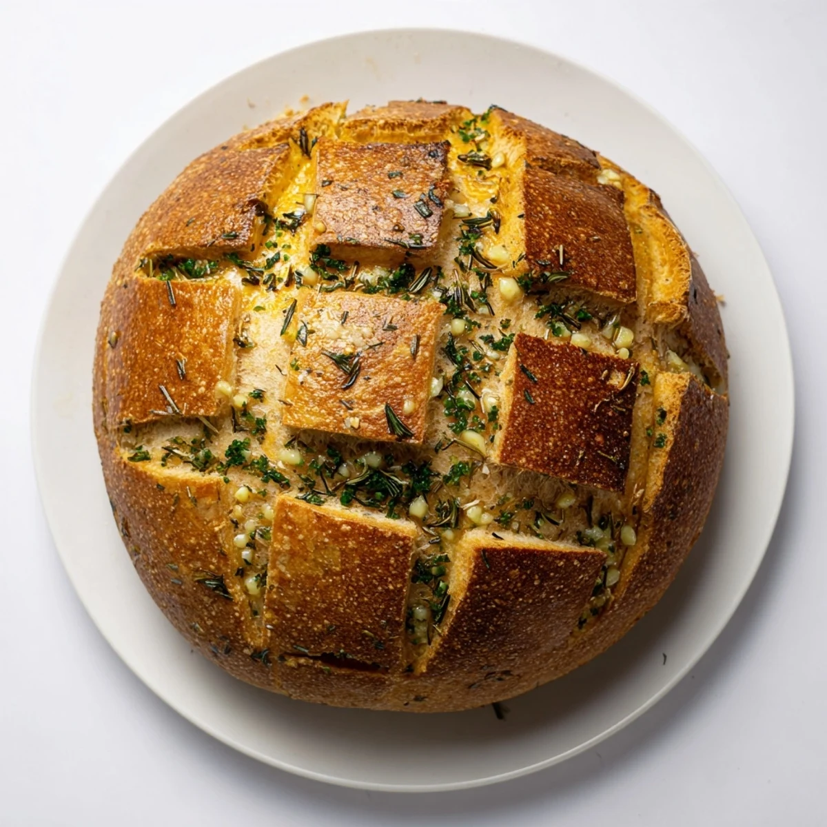 Golden brown garlic herb Dutch oven bread with crisp crust and tender interior