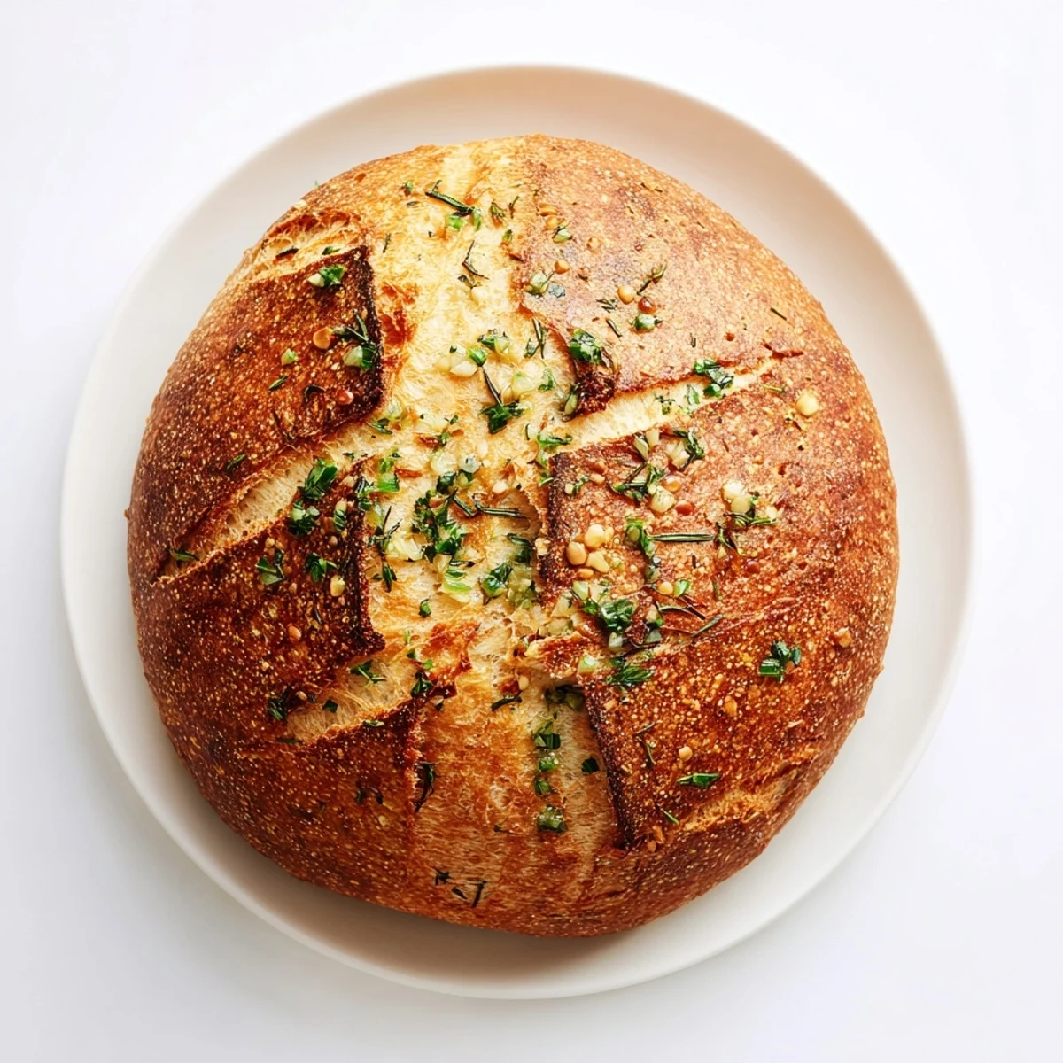 Rustic round loaf baked in Dutch oven topped with melted butter and parsley