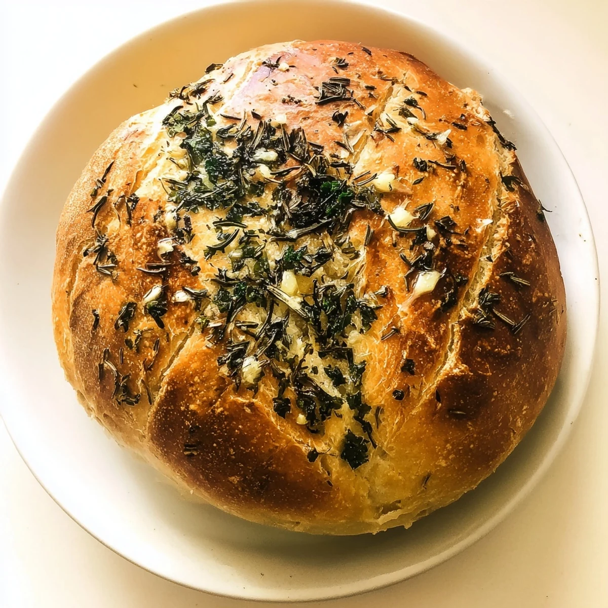 Fresh rosemary and thyme artisan bread with golden crust cooling on wooden board
