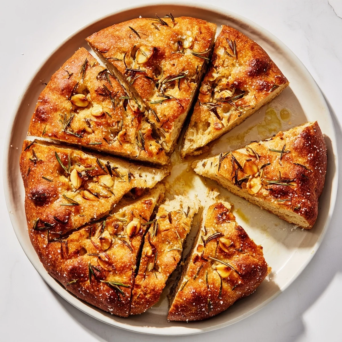 Cast iron skillet bread featuring roasted garlic and rosemary, sprinkled with flaky sea salt, warm and aromatic