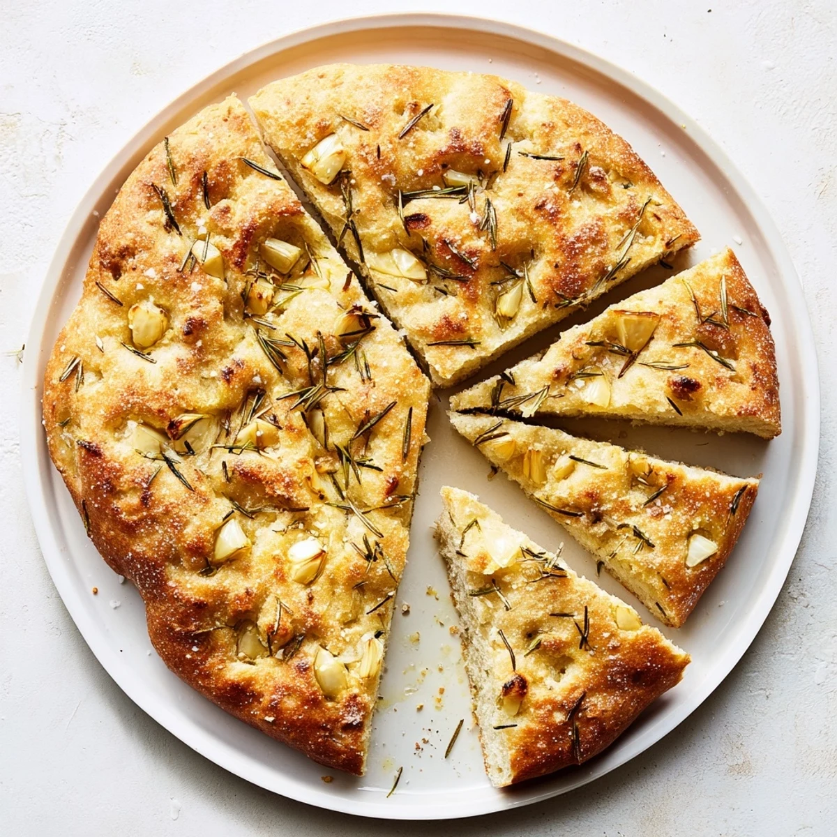 Homemade skillet bread with rosemary and garlic, golden crust perfect for dipping in olive oil or serving warm