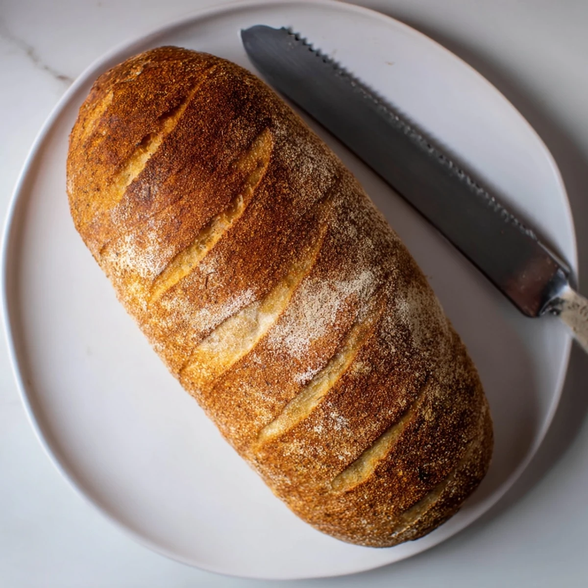 Golden crusty Italian bread loaf with a beautifully scored top and chewy interior