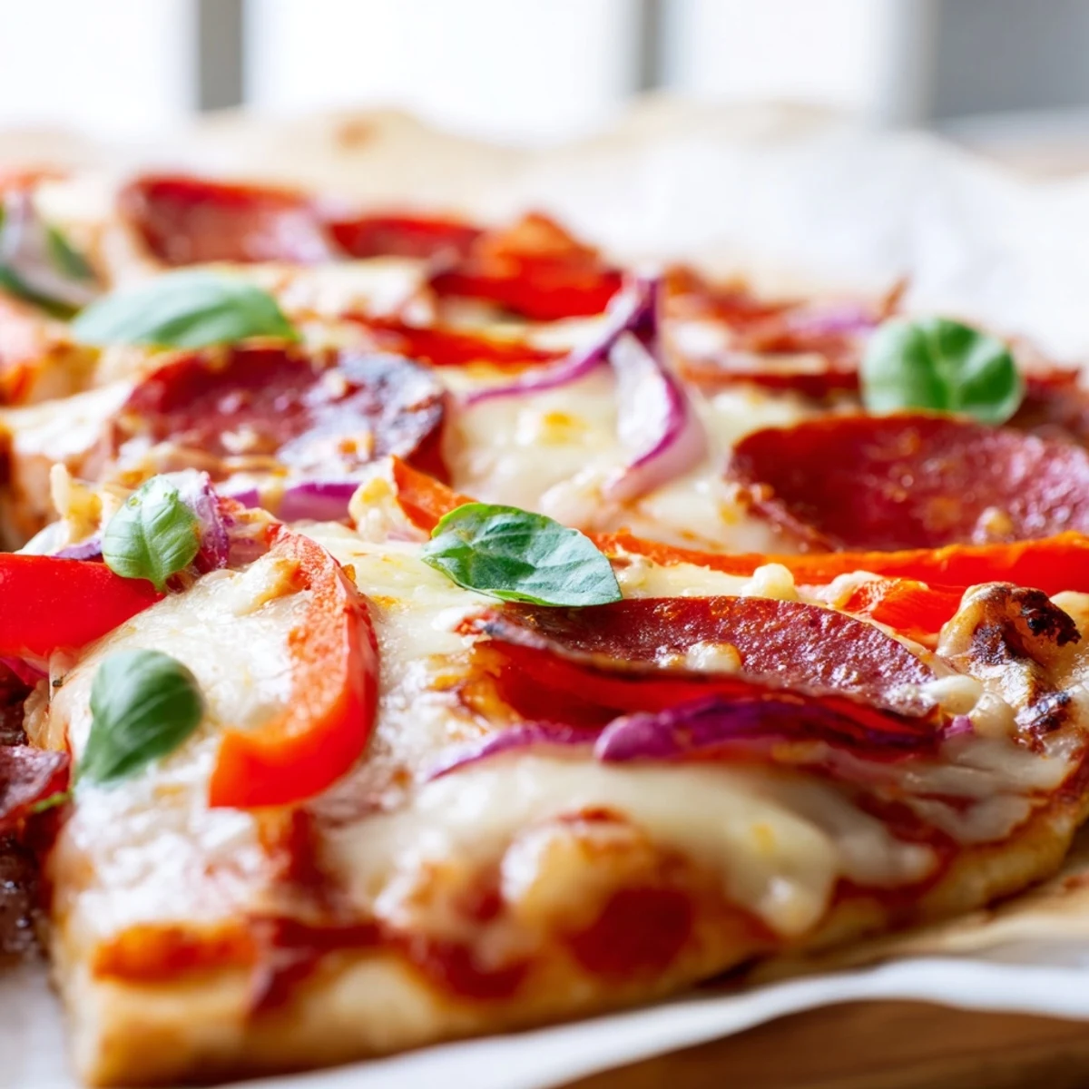 Golden crispy chicken crust pizza topped with bubbling mozzarella and pepperoni on a white plate